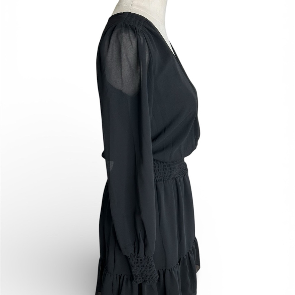 Michael Kors Black Sheer Dress Ruffle Hem Flowy V Neck Cinched Waist Size XS - Picture 2 of 6